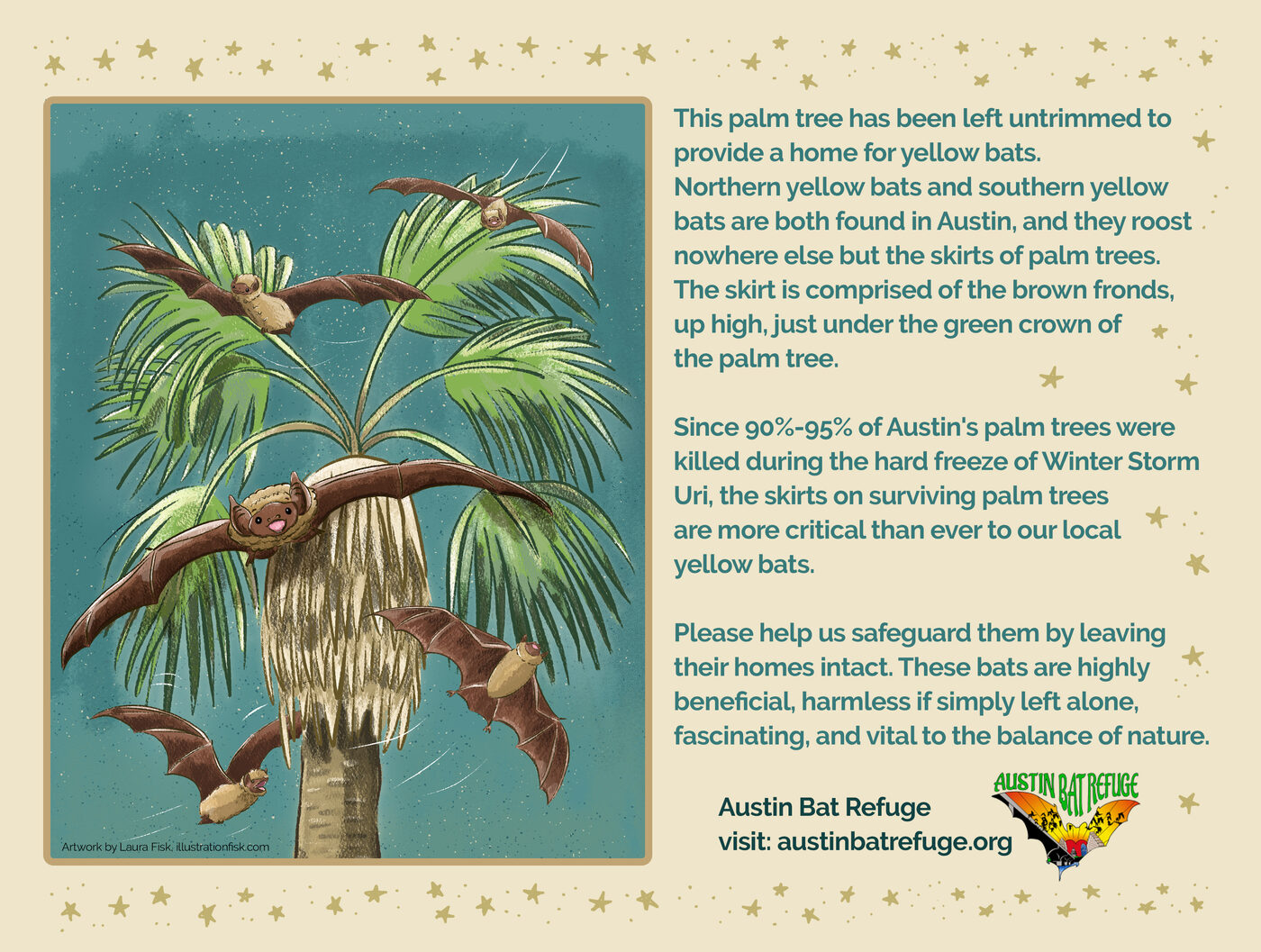 Austin Bat Refuge yard sign: This palm tree has been left untrimmed to provide a home for yellow bats
